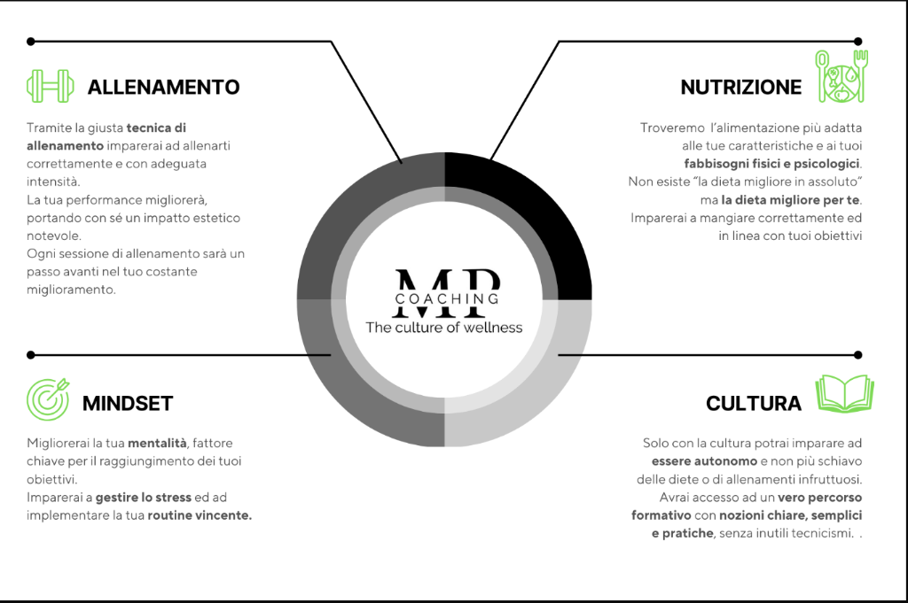 Infografica 4 Aree: Allenamento, Nutrizione, Mindset, Cultura